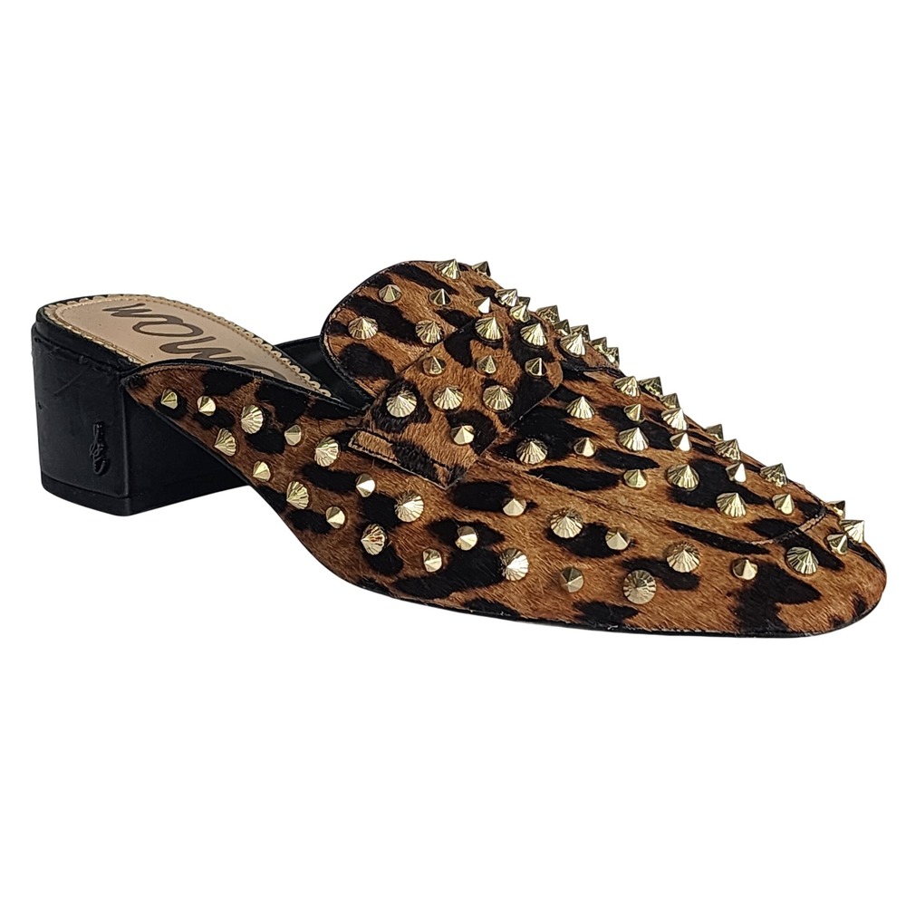 Sam Edelman Leopard Calf Hair Studded Mules Square Toe Block Heel Womens 9